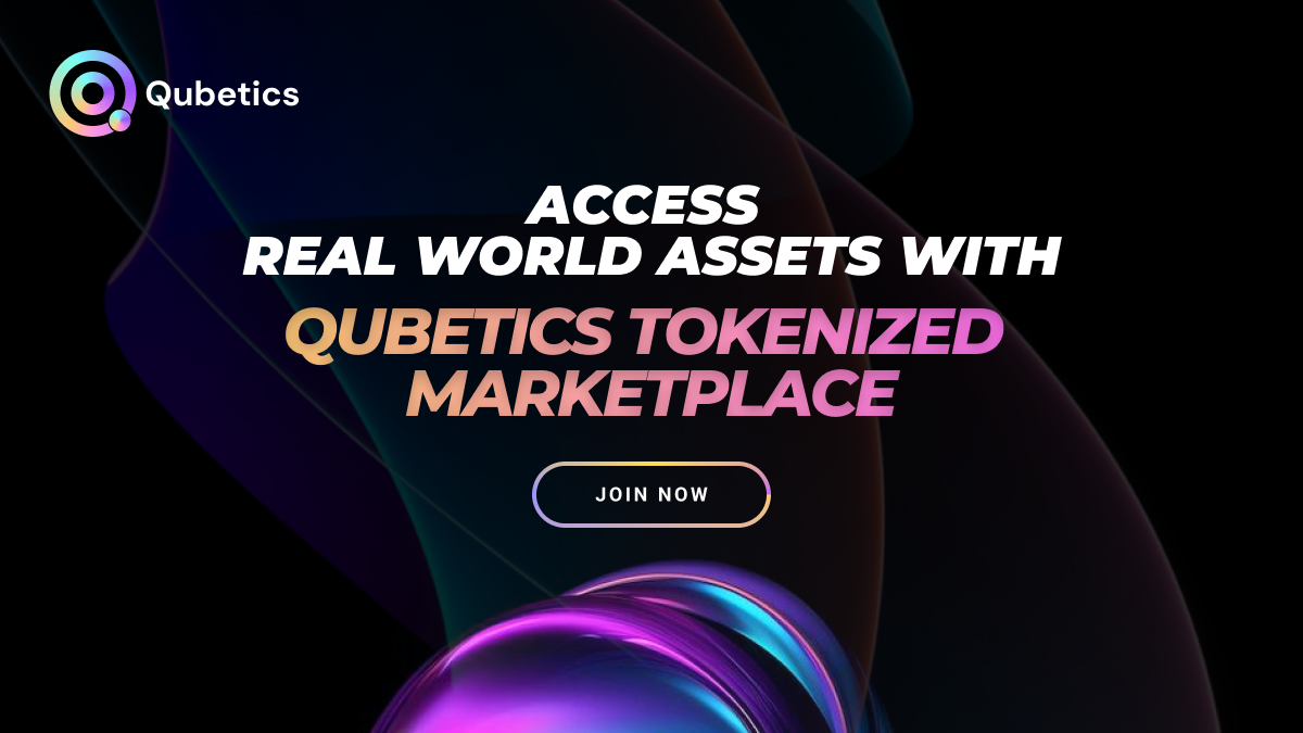 Qubetics Tokenized Marketplace banner, highlighting real-world asset tokenization, blockchain-powered investments, and a 'Join Now' button.