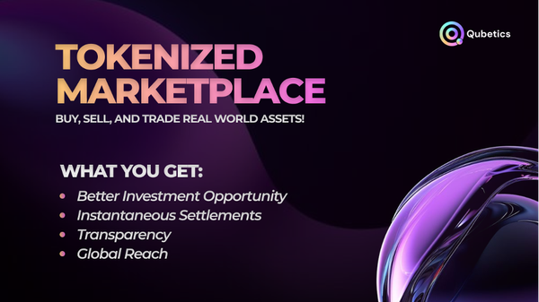 Qubetics Tokenized Marketplace banner highlighting blockchain-powered asset trading with better investments, instant settlements, transparency, and global reach.